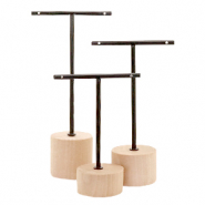 Sieraad display T-vorm met houten voet voor oorbellen (3st.) Naturel (natuurlijke kleur van het hout)-black