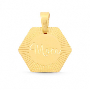 Roestvrij stalen (RVS) Stainless steel bedels hexagon "mom" Mix & Match Goud