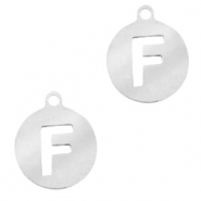 Roestvrij stalen (RVS) Stainless steel bedels rond 10mm initial coin F Zilver