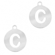 Roestvrij stalen (RVS) Stainless steel bedels rond 10mm initial coin C Zilver