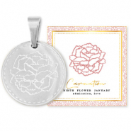 Roestvrij stalen (RVS) Stainless steel bedels Mix & Match 15mm Birth flower January-Carnation Zilver