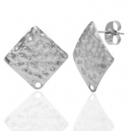 Roestvrij stalen (RVS) Stainless steel oorbellen/oorstekers vierkant gehamerd met oogje Zilver