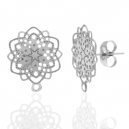 Roestvrij stalen (RVS) Stainless steel oorbellen/oorstekers bohemian bloem met oogje Zilver