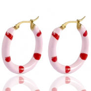 Roestvrij stalen (RVS) Stainless steel oorbellen creolen enamel 26mm Soft light pink red-gold