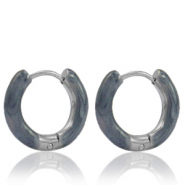 Roestvrij stalen (RVS) Stainless steel oorbellen creolen enamel 16mm Blue grey-silver