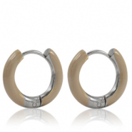 Roestvrij stalen (RVS) Stainless steel oorbellen creolen enamel 16mm Beige brown-silver