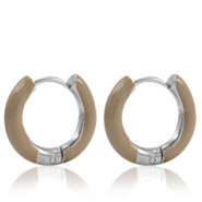 Roestvrij stalen (RVS) Stainless steel oorbellen creolen enamel 16mm Smokey beige-silver