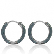Roestvrij stalen (RVS) Stainless steel oorbellen creolen enamel 14mm Blue grey-silver