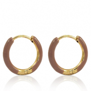 Roestvrij stalen (RVS) Stainless steel oorbellen creolen enamel 14mm Russet brown-gold