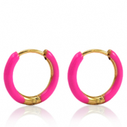 Roestvrij stalen (RVS) Stainless steel oorbellen creolen enamel 17mm Berry pink-gold