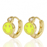 Brass TQ metaal oorbellen creolen enamel smiley Yellow crystal-gold