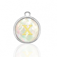 Roestvrij stalen (RVS) Stainless steel bedels 12mm shell initial X White (natuurlijke kleur)-silver