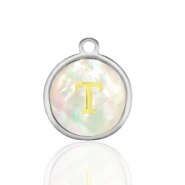 Roestvrij stalen (RVS) Stainless steel bedels 12mm shell initial T White (natuurlijke kleur)-silver