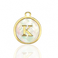 Roestvrij stalen (RVS) Stainless steel bedels 12mm shell initial K White (natuurlijke kleur)-gold