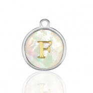 Roestvrij stalen (RVS) Stainless steel bedels 12mm shell initial F White (natuurlijke kleur)-silver