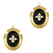 Roestvrij stalen (RVS) Stainless steel bedels ovaal kruis enamel Gold-black
