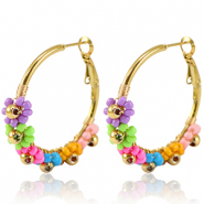 Roestvrij stalen (RVS) Stainless steel oorbellen creolen bloem 35mm Gold-multicolour
