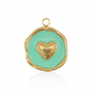 Roestvrij stalen (RVS) Stainless steel bedels heart Gold-turquoise blue