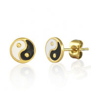 Roestvrij stalen (RVS) Stainless steel oorbellen / oorstekers Yin & Yang 7mm Goud-zwart wit