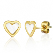 Roestvrij stalen (RVS) Stainless steel oorbellen / oorstekers hart Goud-parelwit