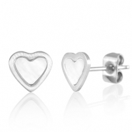 Roestvrij stalen (RVS) Stainless steel oorbellen / oorstekers hart Zilver-parelwit