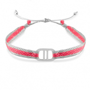 Trendy armbanden lint met stainless steel tussenstuk Dark pink-silver