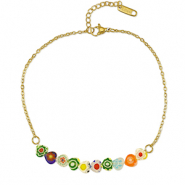 Roestvrij stalen (RVS) Stainless steel enkelbandjes millefiori Gold-multicolour