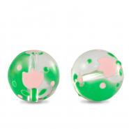 Handgeschilderde glaskralen bloem Transparent-pink green