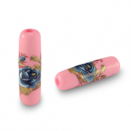 Glaskralen tube bloem Pink-blue