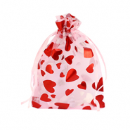 Sieraad zakje organza 9x12cm hart Light pink-red