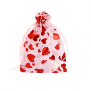 Sieraad zakje organza 7x9cm hart Light pink-red