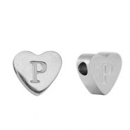 Roestvrij stalen (RVS) Stainless steel kralen hart letter P Silver