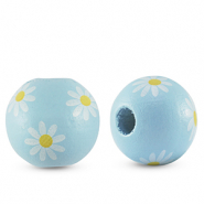 Houten kralen rond 16mm bloem Light blue