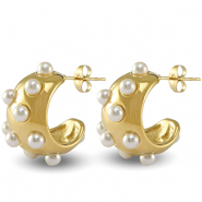 Roestvrij stalen (RVS) Stainless steel oorbellen / oorstekers imitatie parels Gold