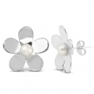 Roestvrij stalen (RVS) Stainless steel oorbellen / oorstekers parels bloem met oogje Silver