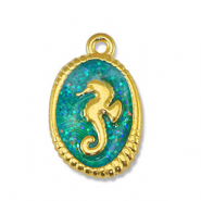 Bedels DQ metaal zeepaardje Glitter Turquoise-Goud (nikkelvrij)