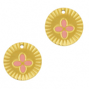 Roestvrij stalen (RVS) Stainless steel bedels rond bloem Gold-pink