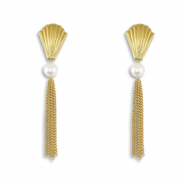 Roestvrij stalen (RVS) Stainless steel oorbellen / oorstekers schelp met imitatie parels Gold