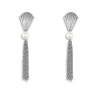 Roestvrij stalen (RVS) Stainless steel oorbellen / oorstekers schelp met imitatie parels Silver