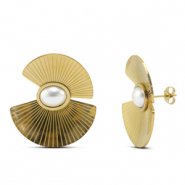 Roestvrij stalen (RVS) Stainless steel oorbellen / oorstekers waaiers met imitatie parels Gold