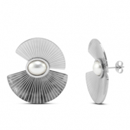 Roestvrij stalen (RVS) Stainless steel oorbellen / oorstekers waaiers met imitatie parels Silver