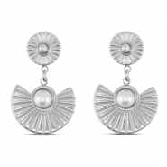 Roestvrij stalen (RVS) Stainless steel oorbellen / oorstekers waaier met imitatie parels Silver