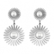 Roestvrij stalen (RVS) Stainless steel oorbellen / oorstekers zon met imitatie parels Silver