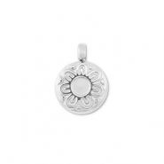 Roestvrij stalen (RVS) Stainless steel bedels rond met bloem Silver