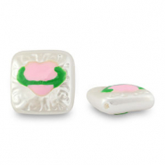 Acryl kralen vierkant met hart Pearl-light pink-green