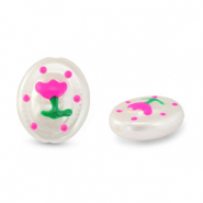 Acryl kralen ovaal met bloem Pearl-pink-green