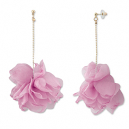 Trendy oorbellen/oorstekers chiffon bloem Mauve pink-gold