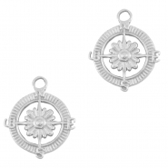 Roestvrij stalen (RVS) Stainless steel bedels kompas met bloem Silver