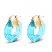 Trendy resin oorbellen hexagon Gold-transparent turquoise blue