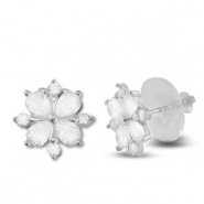 Brass TQ metaal oorbellen / oorstekers zirkonia bloem Silver